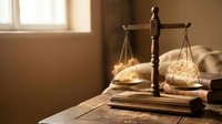 Vintage brass scales of justice on wooden desk with warm sunlight streaming through window creating dramatic shadows in law office interior.