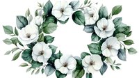 Elegant white magnolia wreath with green leaves arranged in circular composition on white background, watercolor style floral arrangement for wedding invitations.