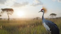 Grey crowned crane standing in tall savanna grass during golden sunset, African acacia trees silhouetted against glowing sky, wildlife photography composition.