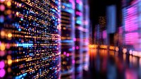 Futuristic cityscape with glowing data streams and binary code overlay merging with blurred urban lights and skyscrapers reflected in water at night.