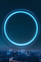 Glowing blue neon circle floating above night cityscape with illuminated skyscrapers and light trails from traffic creating futuristic urban atmosphere.