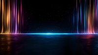 Vibrant neon light streaks reflect on dark glossy surface against starry night sky, creating futuristic abstract landscape with colorful vertical lines and horizon glow.