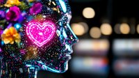 Glowing neon heart inside translucent female profile with sparkles and bokeh lights creating futuristic aesthetic for Valentine's Day designs and modern love concepts.