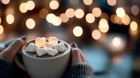 Cozy winter drink with marshmallows in white ceramic mug against blurred warm bokeh lights background, hands holding hot chocolate with mini marshmallows.