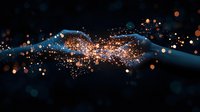Magical connection of two hands with glowing golden particles and light bokeh effect on dark background, symbolizing energy transfer.
