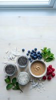 Healthy superfood ingredients with chia seeds, almond butter, fresh berries and mint leaves arranged on white wooden background for nutritious breakfast.