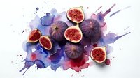 Fresh ripe figs with red flesh on artistic watercolor splash background. Healthy organic fruit for culinary design and food photography projects.
