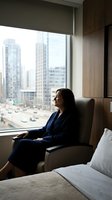 Professional businesswoman in navy blue suit relaxing in luxury hotel room chair overlooking urban city skyline through large window for corporate travel.