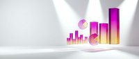Purple and gold gradient business charts and graphs displaying growth data analytics on clean white background with dramatic lighting for presentations.