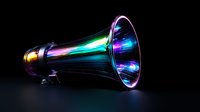 Colorful iridescent megaphone with rainbow holographic effect glowing in dark background, modern communication concept for marketing and announcement designs.