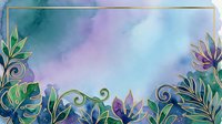 Watercolor botanical border with ornamental leaves and flowers in teal, purple, and blue tones on isolated white background, suitable for invitations and design projects.