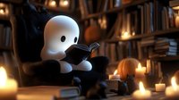 Cute ghost character reading book in cozy library atmosphere with glowing candles and bookshelves, magical fantasy scene for children stories and halloween designs.