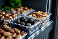 Healthy energy balls and mixed nuts stored in clear containers in refrigerator for meal prep and snacking.