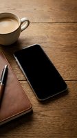 Smartphone with blank screen on wooden desk next to coffee cup, leather notebook and pen for business workspace mockup and app presentation.