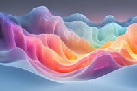 Colorful flowing waves create abstract landscape with vibrant gradient transitions from purple and pink to orange and turquoise, set against soft blue background.