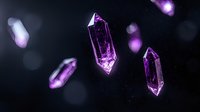 Glowing purple crystal quartz points floating in dark space with magical bokeh lights and mystical energy effects, creating ethereal supernatural atmosphere.