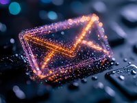 Glowing envelope icon made of sparkling light particles against dark background with bokeh effects, representing digital communication and email marketing.