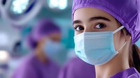 Young female medical professional in surgical mask and purple scrub cap looking ahead with determined expression in operating room with blurred background and surgical lights.