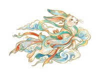Decorative rabbit with flowing ornamental ribbons and swirls in turquoise and orange tones. Isolated on transparent background, ready for t-shirts, stickers, clipart, sublimation and print-on-demand designs.