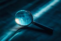 Magnifying glass with financial graph reflection on dramatic blue background, highlighting market analysis and investment research concept.