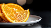 Fresh juicy orange segments on white ceramic plate against dark background with soft bokeh lights, macro food photography highlighting citrus texture and detail.