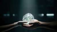 Hands in protective gloves holding glowing crystal sphere against dark blurred background, representing innovation, technology, and future vision for business and science concepts.
