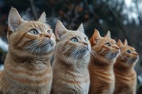 Four ginger cats with blue eyes looking up in perfect alignment, creating symmetrical composition against blurred natural background. Feline portrait in warm tones.