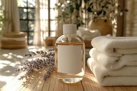 Aromatic massage oil bottle with blank label, fresh lavender sprigs and white spa towels on wooden surface in sunlit room with natural shadows.