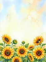 Watercolor sunflowers border with soft pastel sky background, bright yellow blooms and green leaves, copy space for text or greeting cards.