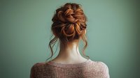 Young woman with elegant messy bun hairstyle wearing knit sweater viewed from behind against mint green wall, showing romantic loose curls and neck.