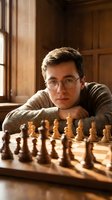 Young Caucasian man with glasses playing chess in warm wooden library interior with natural sunlight streaming through windows for strategic thinking concepts.