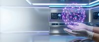 Hands holding glowing digital brain network with connected nodes in modern futuristic laboratory environment for artificial intelligence and technology concepts.