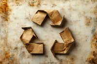Recycling symbol made from torn brown paper pieces arranged on rustic textured background, representing environmental sustainability and waste reduction.