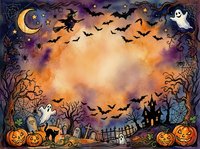 Halloween spooky frame with flying witch, bats, ghosts, pumpkins, haunted house and cemetery creating magical autumn border for seasonal designs.