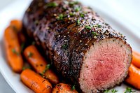Juicy herb-crusted beef tenderloin cooked to medium rare, sliced to show pink center, served with glazed baby carrots on white plate. Close up food photography.