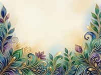 Ornamental foliage border with swirling leaves and decorative flourishes in jewel tones frames a cream background, suitable for invitations, certificates, and design templates.