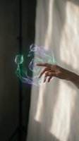 Human hand reaching toward ethereal colorful smoke or energy waves in soft natural light creating mystical atmosphere for wellness and spirituality concepts.