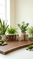 Rustic wooden letter blocks spelling Clean Air surrounded by lush houseplants on a live-edge wood board with moss and stones.