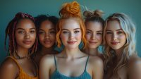 Diverse group of young women with different hair colors and styles smiling at camera against turquoise background. Natural beauty and friendship concept.
