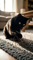 Black cat with striking amber eyes crouched on gray carpet in modern living room, playing with twine toy near sofa and wooden furniture, natural window light creating warm ambiance for pet lifestyle content.