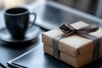 Elegant gift box wrapped in kraft paper with brown ribbon bow next to black coffee cup on dark table, moody morning atmosphere for special occasion.