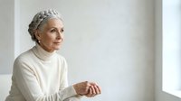 Senior woman with gray hair wearing cream turtleneck, looking thoughtfully to side in bright interior space, suitable for healthcare, wellness, lifestyle and aging content.