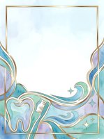 Dental care frame with flowing watercolor waves in turquoise, lavender, and gold accents featuring tooth and toothbrush icons, isolated on white background ready for design use.