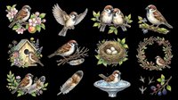 Sparrows, finches, and songbirds with nests, birdhouses, and botanical elements isolated on transparent background. Ready for t-shirt designs, clipart, stickers, sublimation, and print-on-demand projects.