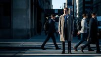 Middle-aged Caucasian businessman in beige coat standing still among blurred pedestrians crossing busy urban street during evening rush hour in modern city.