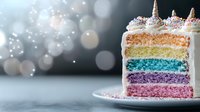 Magical rainbow unicorn cake slice with white frosting and sparkly decorations on pastel colored layers against dreamy bokeh background. Perfect for party designs.