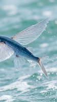 Flying fish leaping from turquoise ocean water with spread fins and water droplets against blurred sea background for marine wildlife content.