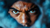 Intense close-up of eyes with amber irises peering through dark opening, conveying determination and mystery against blue-toned background.
