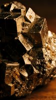Dark metallic mineral crystal formation with geometric cubic structure and reflective surfaces on warm background for geology education.