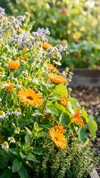 Vibrant garden bed featuring orange and purple flowers in full bloom with lush green foliage and soft bokeh background, perfect for gardening and nature projects.